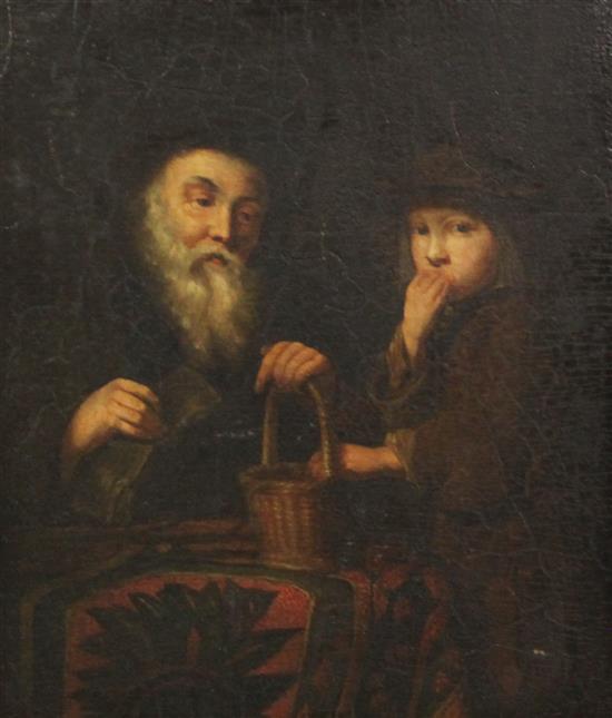 Flemish School Interior with a man and boy seated at a table 12 x 10.5in.